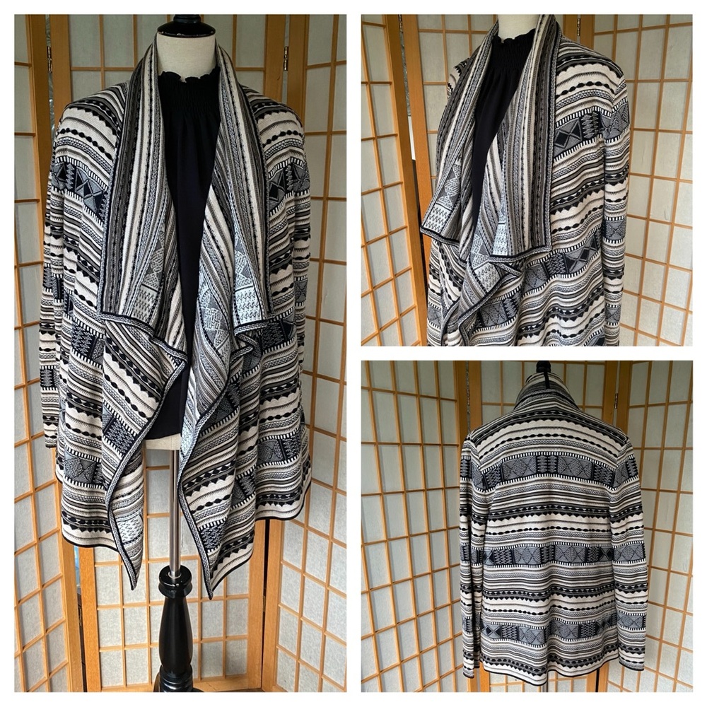 Peruvian Connection Black & Tan Pima Cotton Open Front Waterfall Cardigan SZ S